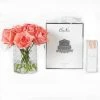 Cote Noire - Herringbone Clear Glass Vase W/White Peach Rose Buds