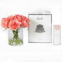 Cote Noire - Herringbone Clear Glass Vase W/White Peach Rose Buds